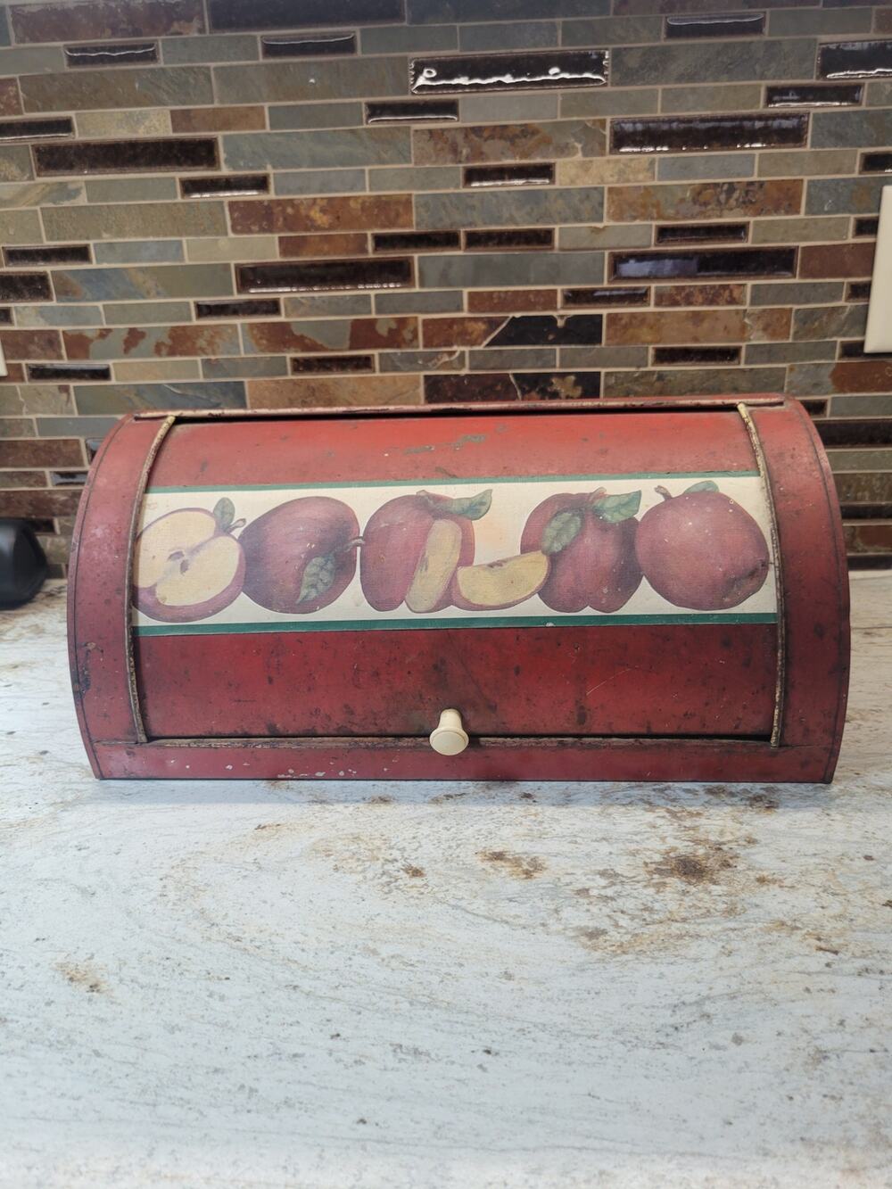 Vintage Red Metal Roll Top Bread Box Retro Apple Kitchen Decor Rust Primitive